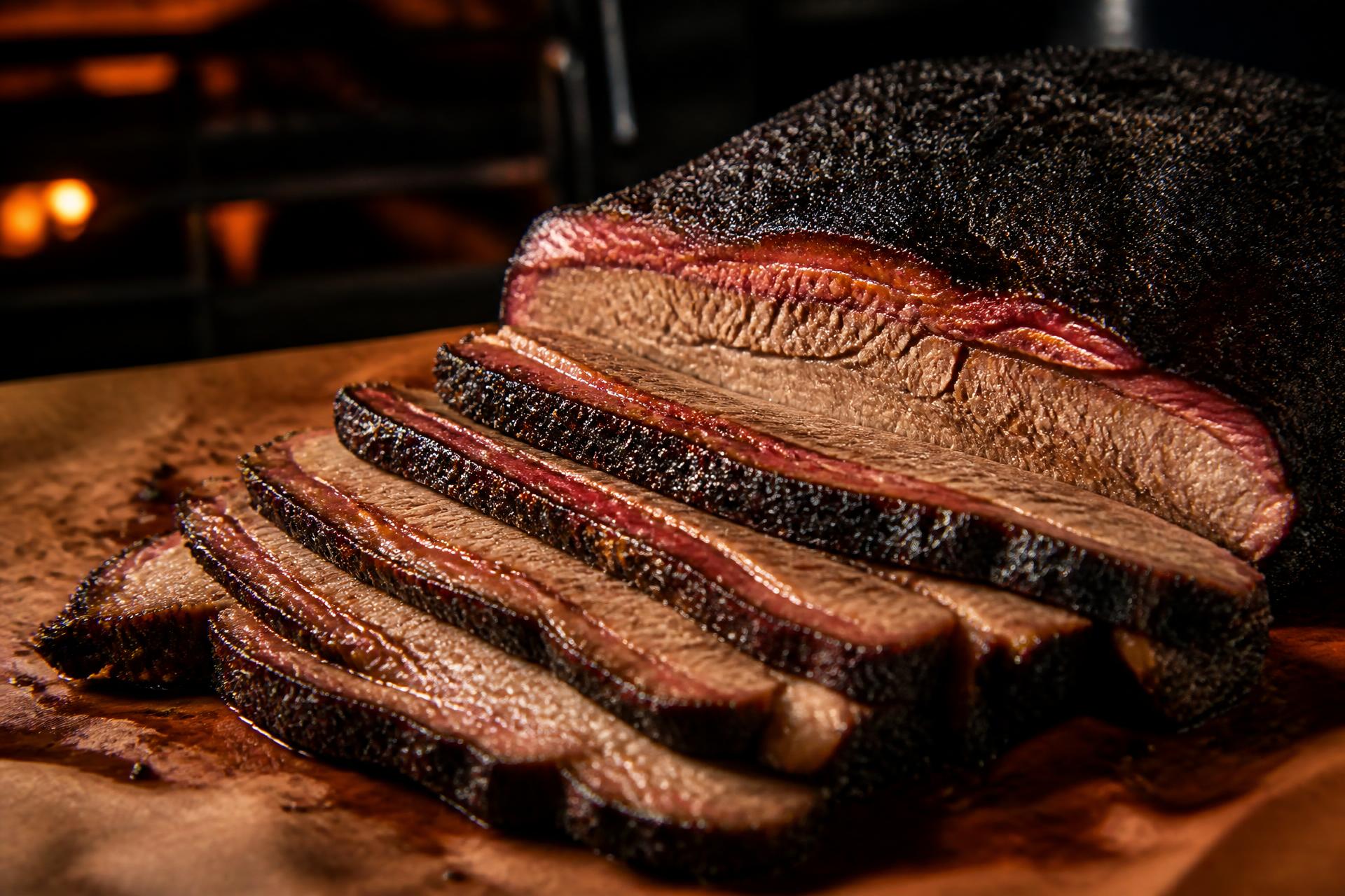 Sliced smoked brisket with a deep smoke ring